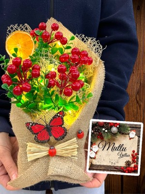 PremiumPort Özel Tasarım LED Işıklı Kokina Buketi ve Mutlu Yıllar Kartı Seti