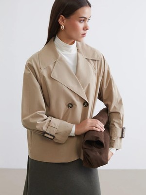 LC Waikiki Kahverengi Kruvaze Yaka Oversize Kadın Trençkot  (S6)