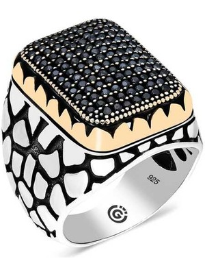 Gumush Gümüş Siyah Zirkon Taşlı Kare Erkek Yüzük