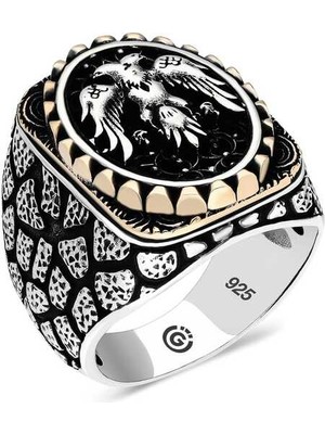 Gumush Gümüş Çift Başlı Kartal Oval Erkek Yüzük