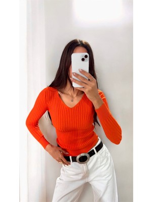 Kadın Ftilli V Yaka Triko Bluz Turuncu