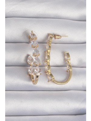 Clariss Üreticiniz Pirinç Gold Renk Damla Zirkon Taş Tasarımlı Küpe 481348