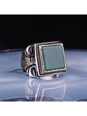 Gumush ​gümüş Kare Yeşil Akik Taşlı Erkek Yüzük