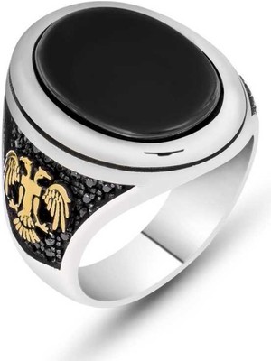 Gumush Gümüş Siyah Taşlı Çift Başlı Kartal Erkek Yüzük