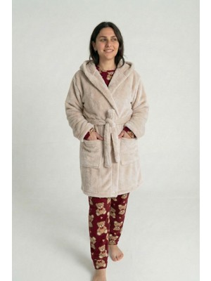 Sevim Kapüşonlu Wellsoft Sabahlık & Peluş Bornoz - Yumuşak, Polar Unisex Sabahlık-Bej