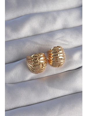 Clariss Üreticiniz Pirinç Gold Renk Tırtıklı Minimal Bombeli Tasarım Küpe 481348