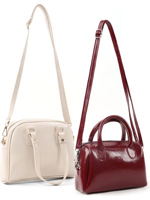 SHAKA Kırışık Dokulu Krem/kırışık Dokulu Bordo SHK300 Suni Deri 2'li El, Kol ve Omuz Çanta Seti (SHK205-SHK184)