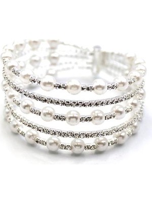 Beta Moda Hub Beş Sıra Incili Su Yolu Bileklik - Gümüş