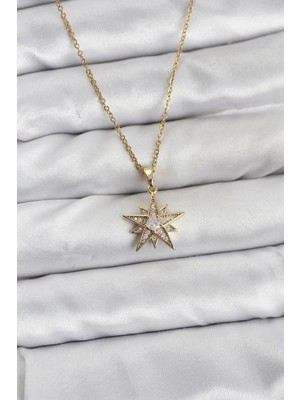 VeraGlobe Buğz 316L Çelik Zincir Gold Renk Yıldız Model Zirkon Taşlı Kadın Kolye