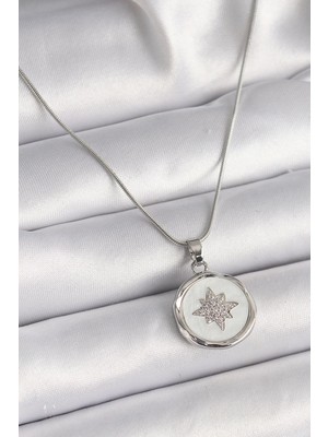 Clariss Üreticiniz 316L Çelik Gümüş Renk Zincir Beyaz Sedefli Zirkon Taşlı Yıldız Işleme Model Ka