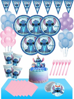 Masal Şekerleme Lilo & Stitch 16 Kişilik Rozetli Doğum Günü Seti - Pasta Süsü - Stich Pembe Tema