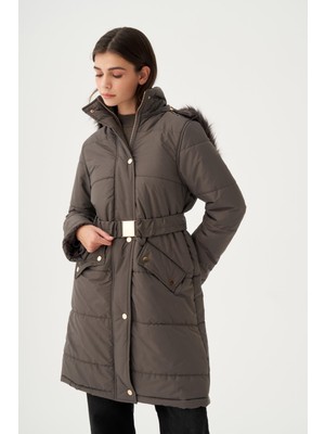 ALLDAY Gri-Kapşonu Kürklü Astarlı Çıtçıtlı Mont