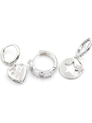 Beta Moda Hub 3'lü Kalp Yıldız Küpe - Gümüş