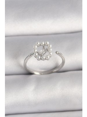 Clariss Üreticiniz Pirinç Gümüş Renk Zirkon Taş Detaylı Incili Ayarlanabilir Yüzük 481348