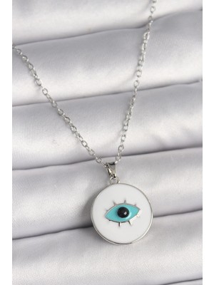 Clariss Üreticiniz 316L Çelik Gümüş Renk Zincir Beyaz Mineli Turkuaz Göz Işleme Model Kadın Kolye 4