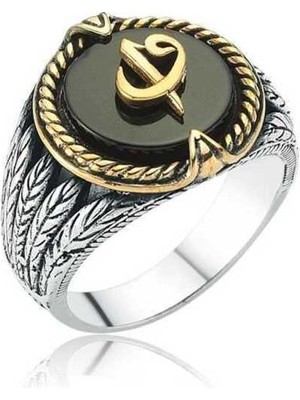 Gumush Gümüş Siyah Taşlı Elif Vav Erkek Yüzük