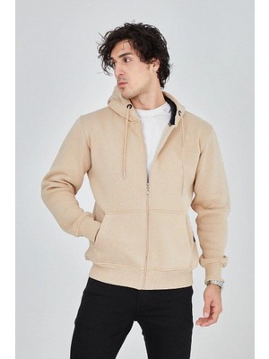 Erkek Kapüşonlu Düz Fermuarlı Hırka - Bej