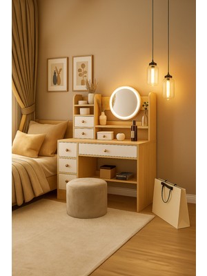 PremiumPort Modern LED Işıklı Mdf Aynalı Makyaj Masası, Şık ve Kullanışlı Tasarım