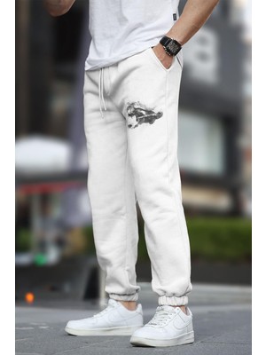 Madmext Beyaz Erkek Paçası Lastikli  Cep Detaylı Baskılı Eşofman Altı 6553