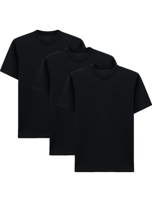 Kiğılı %100 Pamuk Kısa Kol Regular Fit Erkek Tişört Seti 3'lü Günlük Siyah