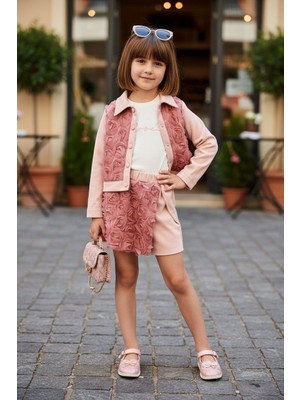 Balgüneş Gül Dokulu Kız Çocuk Ceket Bluz & Şort Etek 3'lü Takım