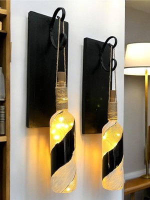 PremiumPort LED Işıklı Ahşap Siyah Renkli Vitray Cam Duvar Aplik 2'li Set