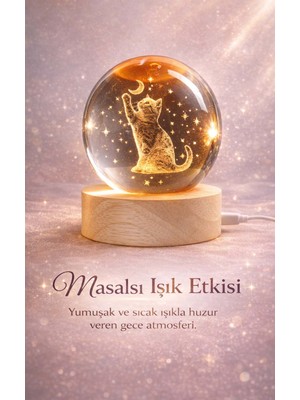 FaroxTech 3D Lazer Işlemeli Kristal Küre Gece Lambası - Ahşap Kaideli Ay ve Kedi Figürlü Dekoratif Aydınlatma