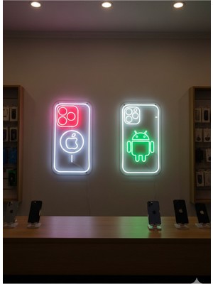 Dekoraven Apple & Android Logolu Dekoratif Neon LED Tabela - Telefon Teknik Servis ve Mağaza Duvar Dekoru