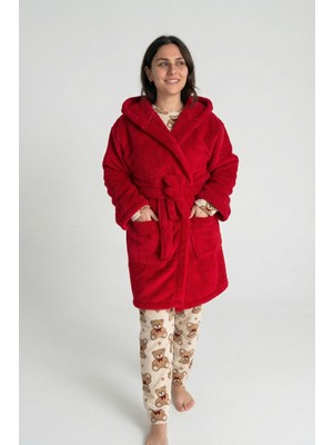 Sevim Kapüşonlu Wellsoft Sabahlık & Peluş Bornoz - Yumuşak, Polar Unisex Sabahlık-Kırmızı