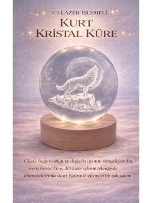 FaroxTech Kurt Figürlü 3D Lazer Işlemeli Kristal Küre Gece Lambası - Ahşap Kaideli