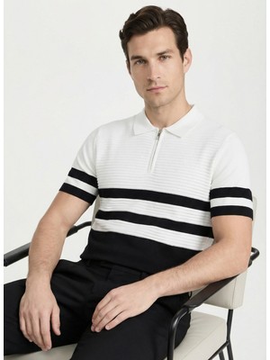 Fabrika Polo Yaka Slim Fit Çizgili Siyah - Beyaz Erkek Kazak F6SM-KZK 2550