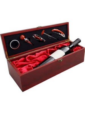 Hediye Fikri Ahşap Şarap Seti 5’li – Kiraz Ağacı Lüks Tirbuşon Kutusu (36×11 Cm)