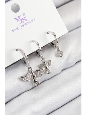 Clariss Üreticiniz Pirinç Zirkon Taşlı 3'lü Kuş Model Gümüş Renk Kadın Küpe 481348