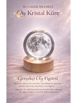 FaroxTech 3D Lazer Işlemeli Ay Kristal Küre Gece Lambası - Ahşap Kaideli Dekoratif Aydınlatma