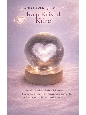 FaroxTech Sevgililer Günü Hediyesi: 3D Kalp Figürlü Kristal Küre - USB Güçlü Şık Başucu Lambası
