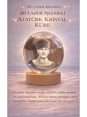 FaroxTech Atatürk Portreli 3D Lazer Işleme Kristal Küre Gece Lambası - Ahşap Standlı