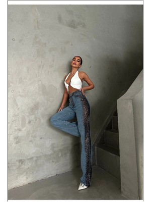 Gamze Alptekin Gümüş Varaklı Palazzo Kot Pantolon Jeans