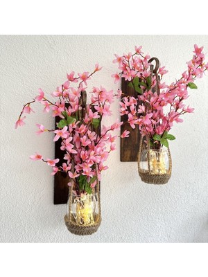 PremiumPort Pembe Sakura Çiçekli LED Işıklı Duvar Dekoru Ceviz Aplik Ikili Set