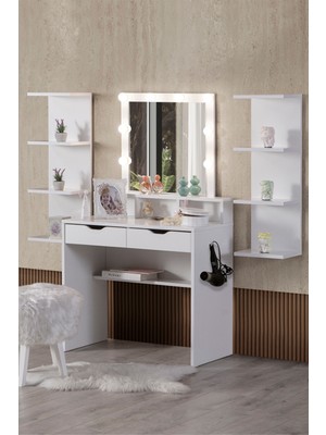 PremiumPort Şık ve Fonksiyonel LED Işıklı Aynalı Çekmeceli Makyaj Masası