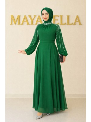 MayaBella Kolları Işlemeli  Tesettür Abiye Zümrüt