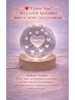 FaroxTech Sevgiliye Romantik Hediye "ı Love You" Yazılı Işıldayan Kalpler Kristal Küre Gece Lambası