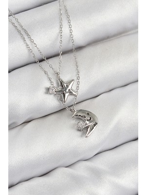 Shopwave Pirinç Zirkon Taşlı Yıldız ve Ay Model Gümüş Renk Kadın Kolye