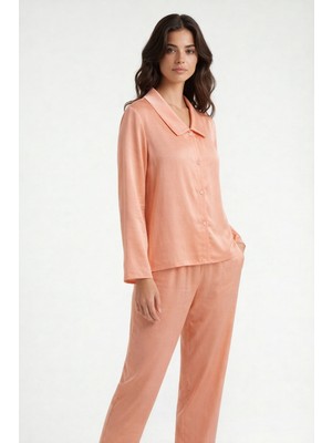 Feu De Elu Amoris Somon Uzun Saten Pijama Takımı