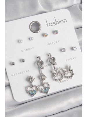 Shopwave Pirinç Gümüş Renk Sallantı Zirkon Taşlı Kalp Model Düğüm Detay 7 Çift Kadın Kü