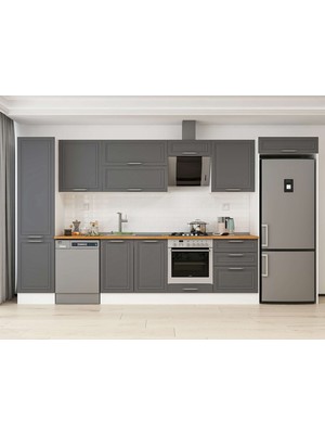 Alvinka 390X222 cm Klasik Mebran Mutfak Dolabı MBB-E80B50S60-2 Antrasit - Suntalam