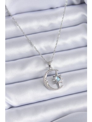 Shopwave 316L Çelik Gümüş Renk Zirkon Taşlı Ay Yıldız Model Kadın Kolye