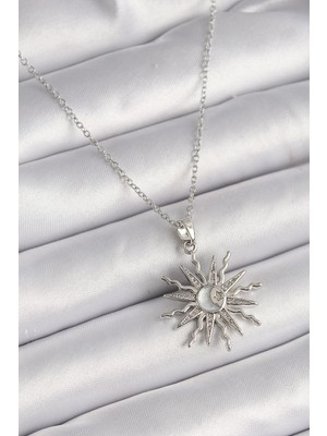 Shopwave 316L Çelik Gümüş Renk Zincir Zirkon Taşlı Güneş Model Sedefli Ay Işleme Detay Kad