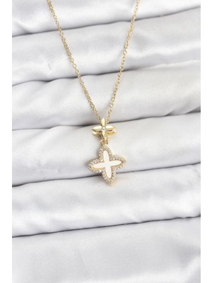 Shopwave 316L Çelik Zincir Gold Renk 4 Yapraklı Yonca Model Zirkon Taşlı Kadın Kolye