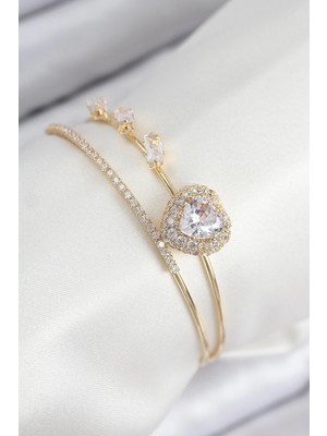 Shopwave Pirinç Zirkon Taşlı Kalp Model Gold Renk Kadın Bileklik