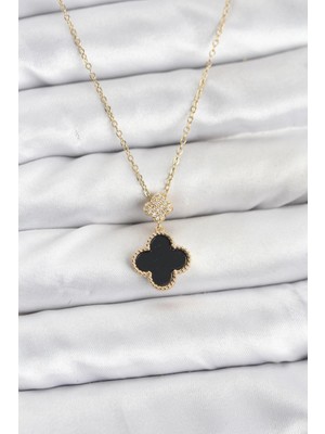 Shopwave 316L Çelik Zincir Gold Renk Yonca Model Zirkon Taşlı Kadın Kolye